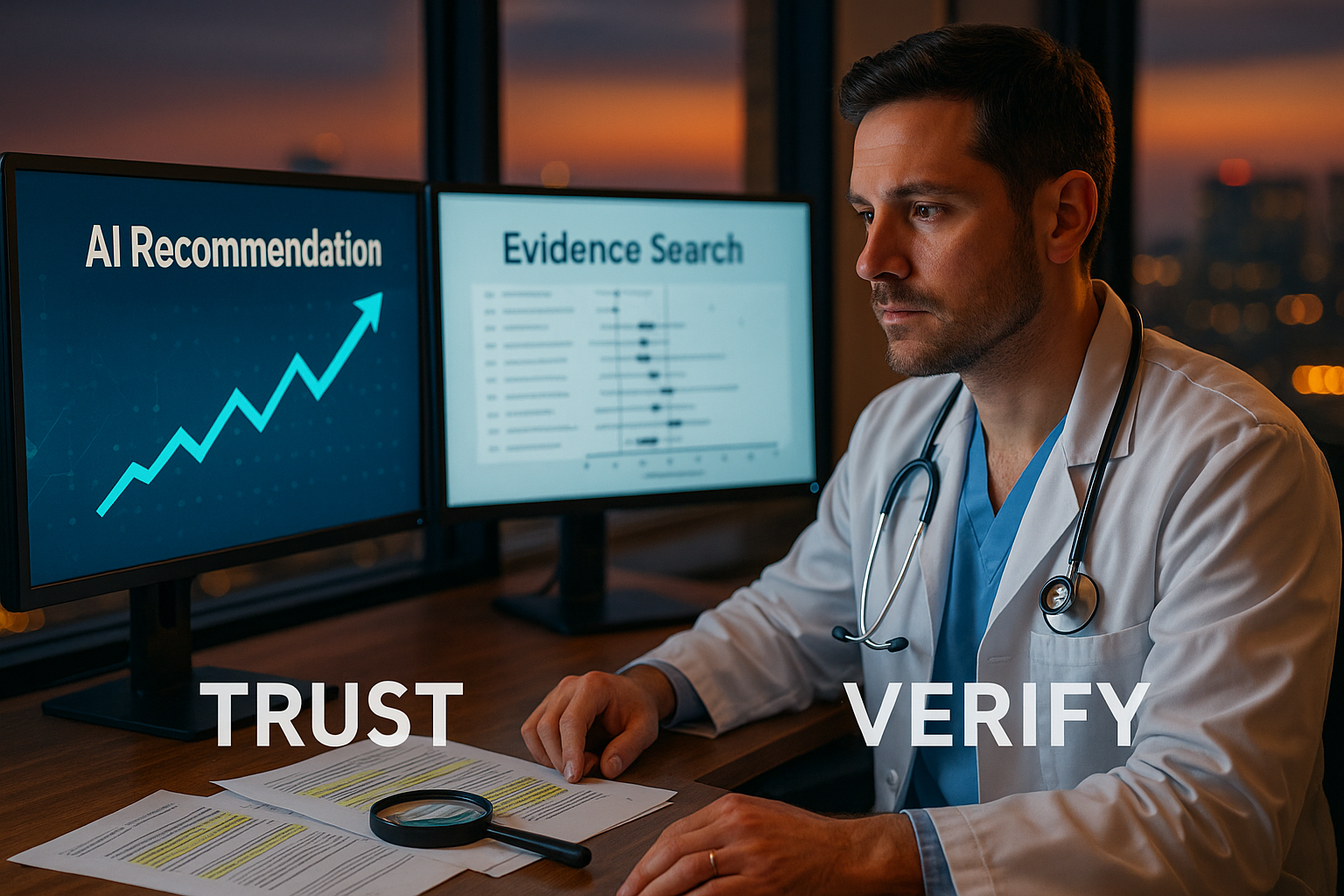 Photo of a doctor at desk with two screens with AI, Trust, and Verify written