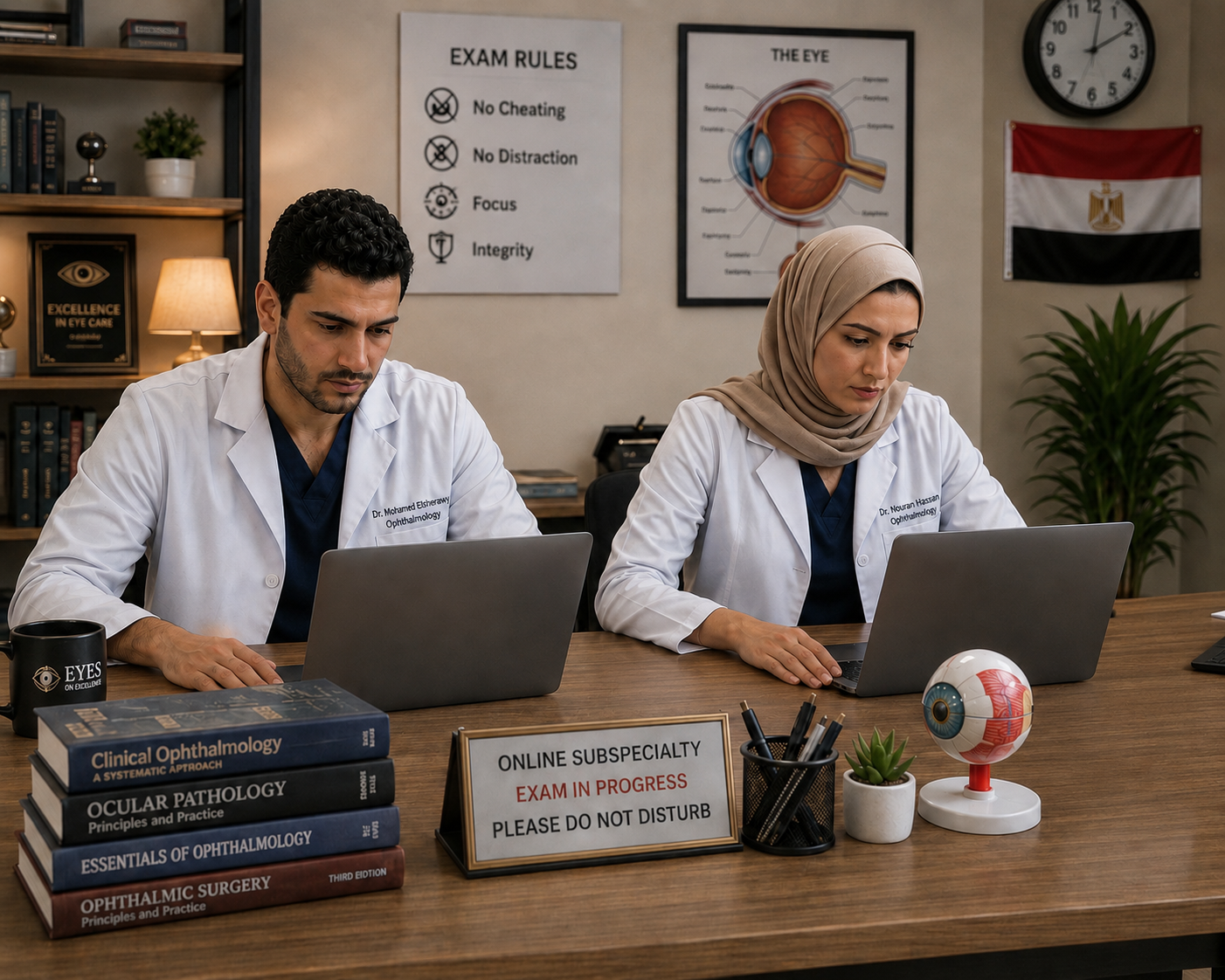 Two doctors taking an exam test on laptops