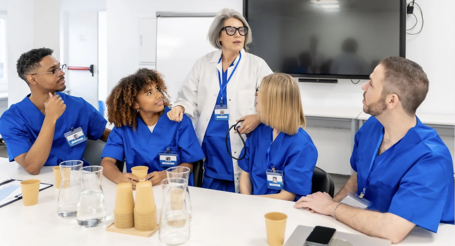 Four doctors sitting with an older doctor standing behind them. 